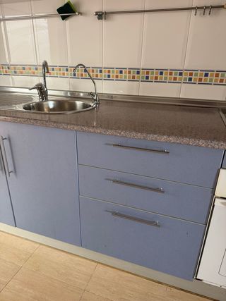 Cocina azul de segunda mano con electrodomésticos