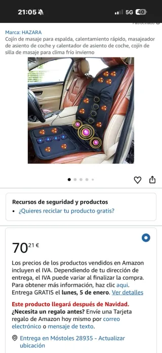 Cojín masajeador y calefactor coche HAZARA