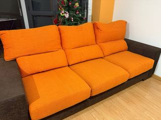 Sofá 3 plazas tela naranja y marrón reclinable