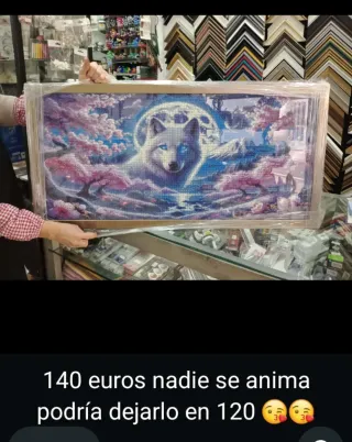 Cuadro Diamantes Lobo Luna Flores Hecho Mano