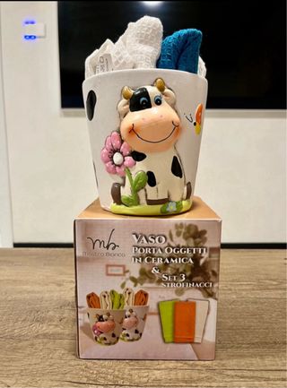Vaso Porta Oggetti Mucca Mastro Bianco + 3 Strofin