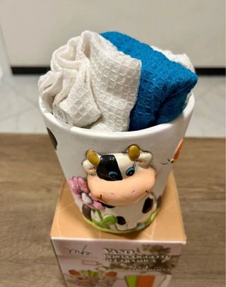 Vaso Porta Oggetti Mucca Mastro Bianco + 3 Strofin
