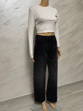 Jeans Donna Neri Strass Sfumati Vita Alta