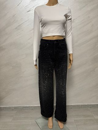 Jeans Donna Neri Strass Sfumati Vita Alta