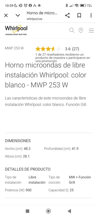 Horno Microondas Whirlpool 1200W