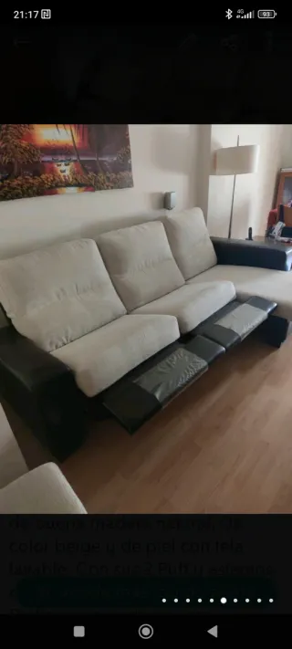 Sofá Chaise Longue Beige con 2 Puffs