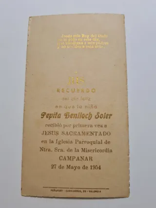 Estampa religiosa recuerdo Primera Comunión 1954