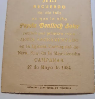 Estampa religiosa recuerdo Primera Comunión 1954