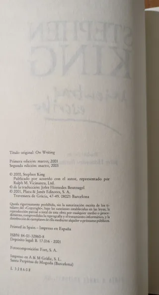 Mientras escribo. Stephen King. Plaza and Janés.