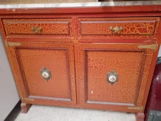 Mueble recibidor madera y mármol rojo