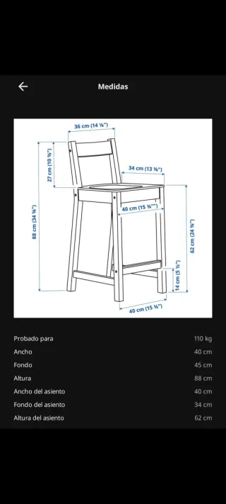 Taburete NORDVIKEN ikea, asiento a 62cm.