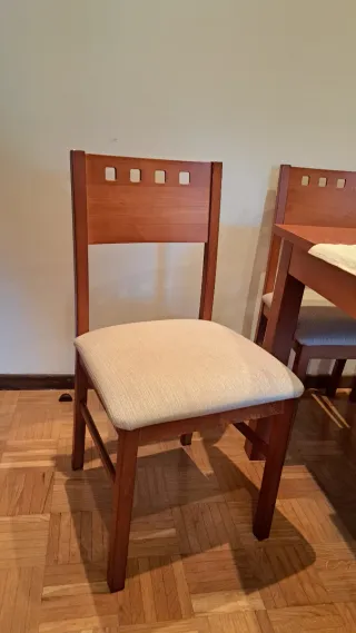Conjunto comedor. Mesa y 6 sillas tapizadas