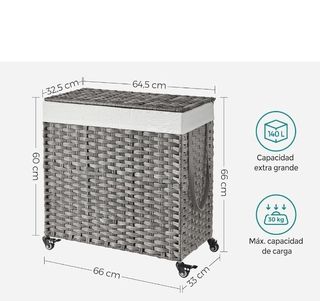 Cesta Ropa Sucia SONGMICS Mimbre Gris con Ruedas