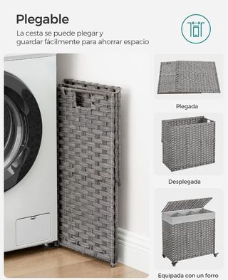 Cesta Ropa Sucia SONGMICS Mimbre Gris con Ruedas