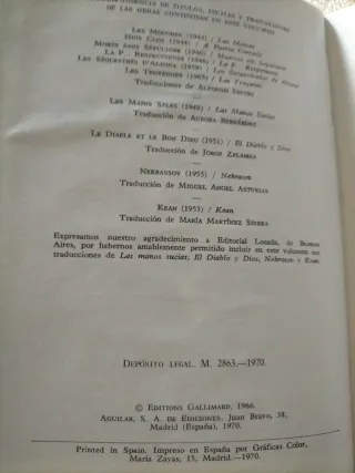 Sartre. Obras completas. Tomo I. Teatro. 1970.