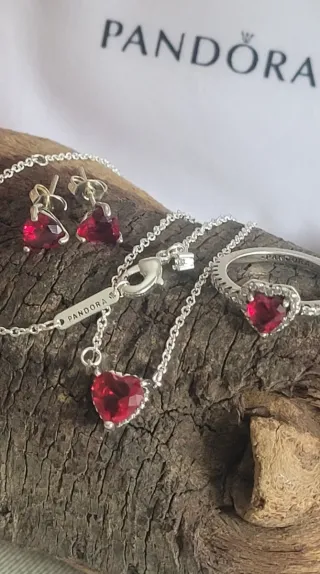 Conjunto Pandora Corazón Rojo Plata de ley