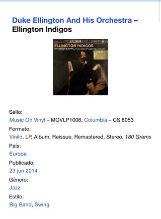 Duke Ellington Indigos LP Columbia CS 8053