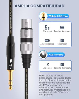 Tisino Cable XLR Hembra a Jack, Cable XLR a 6,35 m