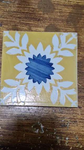 Azulejo Antigo Português Flor Azul Amarelo