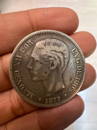 Moneda PLATA 5 Pesetas 1877. ALFONSO XII