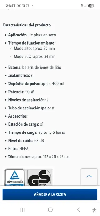 Aspirador Escoba Recargable 18V sin cable