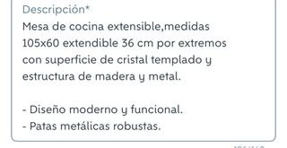 Mesa de cocina cristal templado 105x60x74 extensib