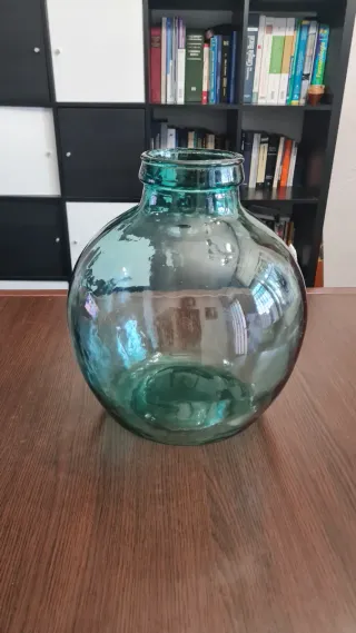 Garrafa vidrio soplado color turquesa boca ancha