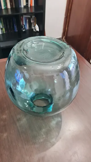 Garrafa vidrio soplado color turquesa boca ancha