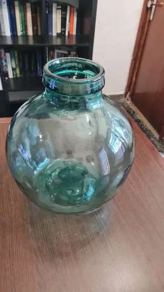 Garrafa vidrio soplado color turquesa boca ancha