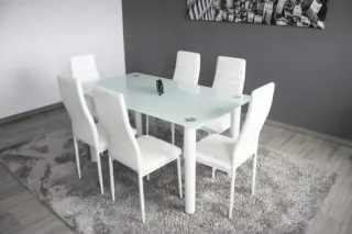 Mesa y 6 Sillas Comedor Cristal blanco