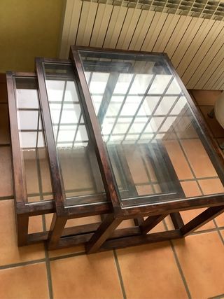 Juego 3 mesas centro madera y cristal