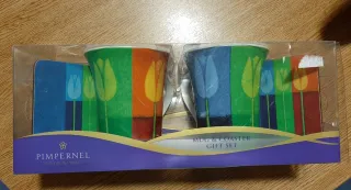 Estuche 2 Tazas Pimpernel Porcelana. Con posavasos