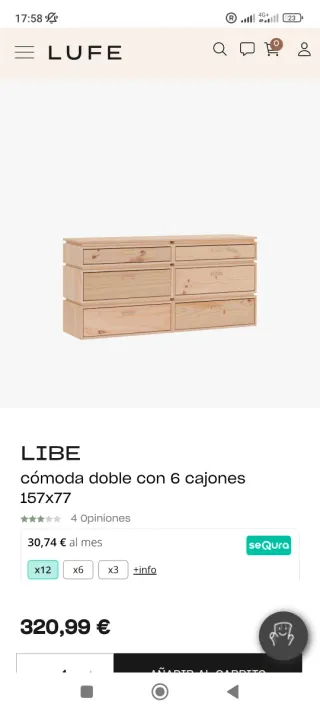 Cómoda LUFE pino orgánico 6 cajones.