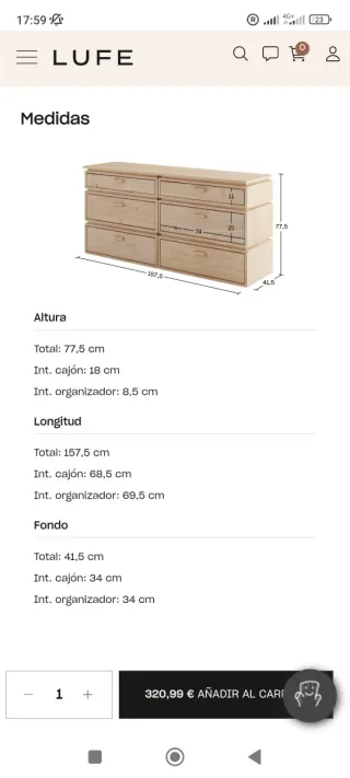 Cómoda LUFE pino orgánico 6 cajones.