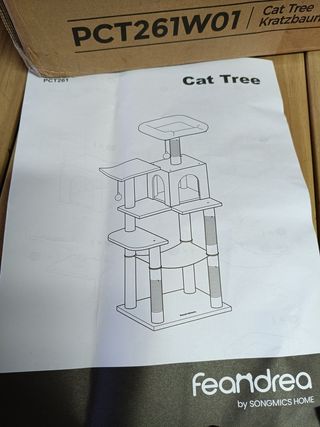 Feandrea Rascador para Gatos, Árbol para Gatos, Altura 112 cm, Torre con 4 Postes, 2 Plataformas, 1 Cueva, 1 Hamaca, 2 Pompones, Tela de Felpa, Multinivel, Gris Claro PCT261W01