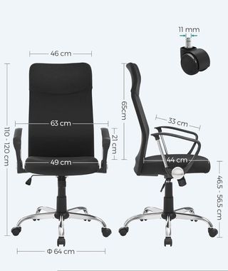 SONGMICS Silla de Oficina, Silla de Escritorio Ergonómica, Silla Giratoria, Asiento Tapizado, Ajustable en Altura e Inclinable, Carga de 120 kg, Negro Tinta OBN034B01