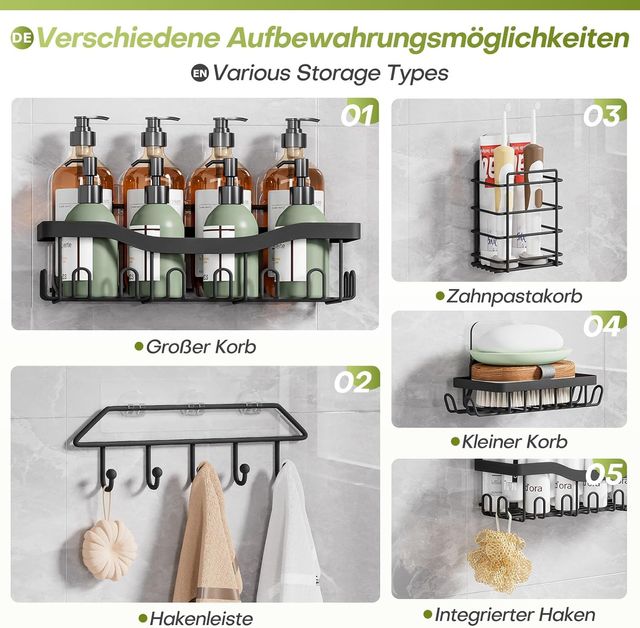 Organizador Ducha Sin Taladro 6 Piezas Negro