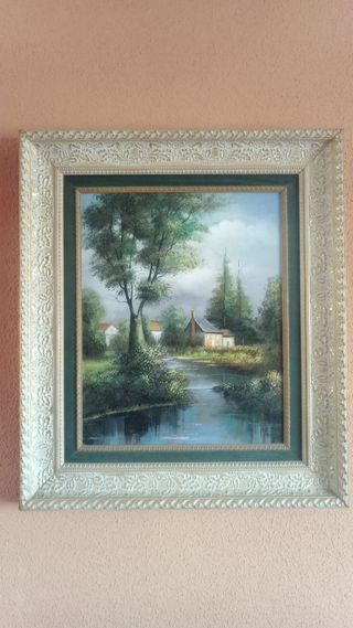 Pareja Cuadros Óleo Paisajes Marco Dorado
