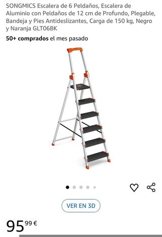 SONGMICS Escalera de 6 Peldaños, Escalera de Aluminio con Peldaños de 12 cm de Profundo, Plegable, Bandeja y Pies Antideslizantes, Carga de 150 kg, Negro y Naranja GLT06BK