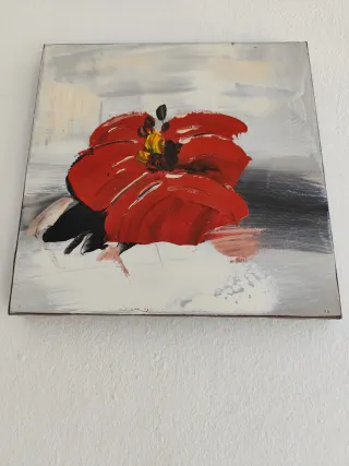 Lienzo Amapola Roja Cuadrado pintado al óleo.