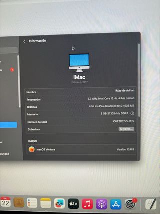 iMac 21.5 2017 8GB RAM 1TB Plata