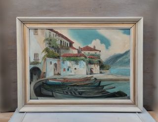 Cuadro Óleo Antiguo Paisaje Marino Pueblo 1958