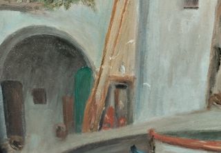 Cuadro Óleo Antiguo Paisaje Marino Pueblo 1958