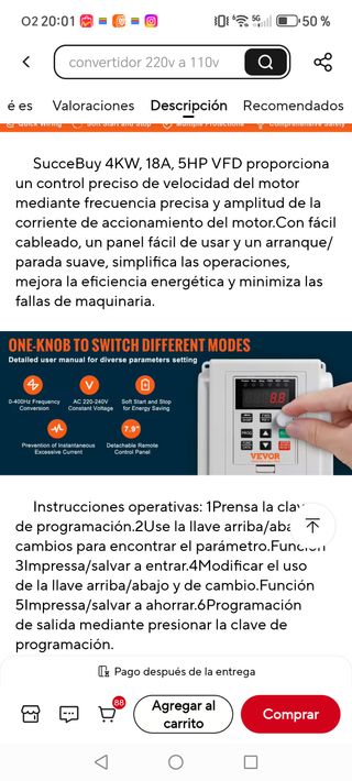 Convertidor VFD 4KW 18A 5HP