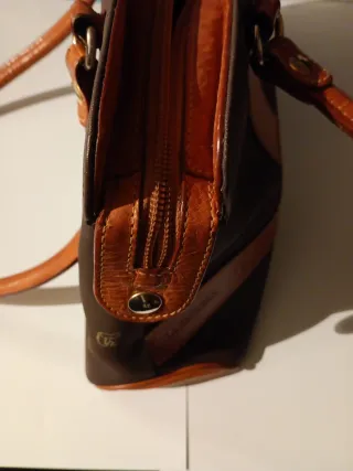 Bolso LA ESPUELA Marrón Piel y Tela. Ubrique.