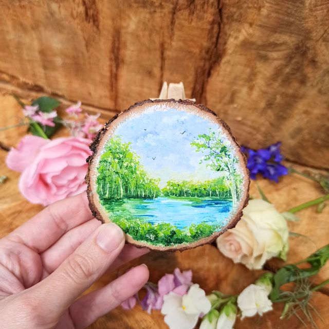 Rodaja de madera pintada a mano paisaje