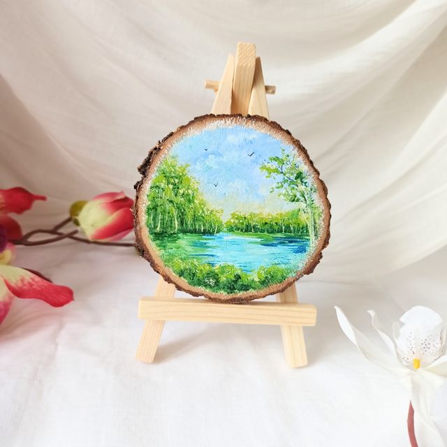 Rodaja de madera pintada a mano paisaje