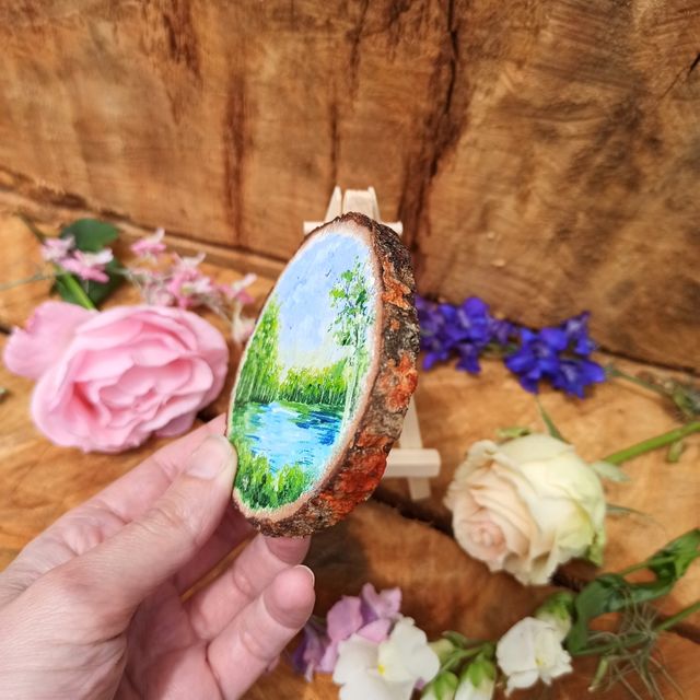 Rodaja de madera pintada a mano paisaje