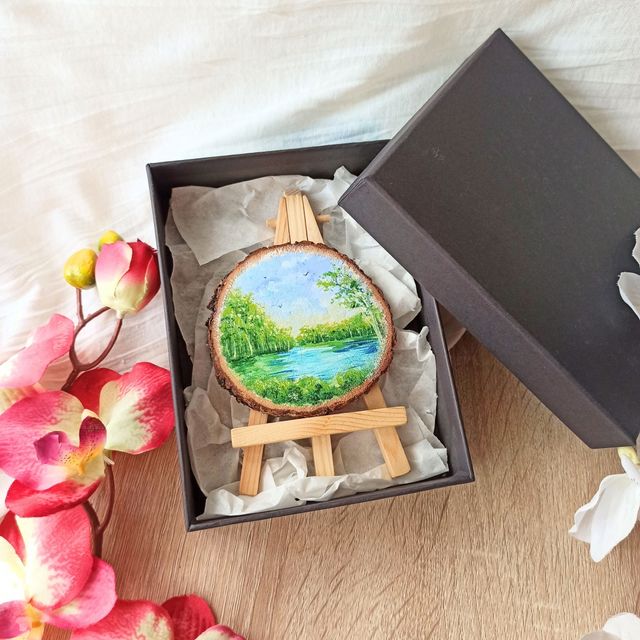 Rodaja de madera pintada a mano paisaje