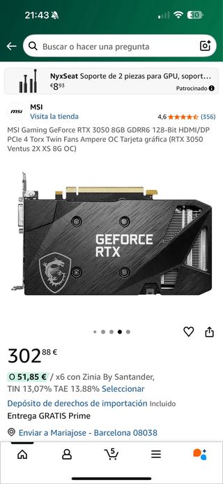 MSI GeForce RTX 3050 8GB GDDR6 Tarjeta Gráfica